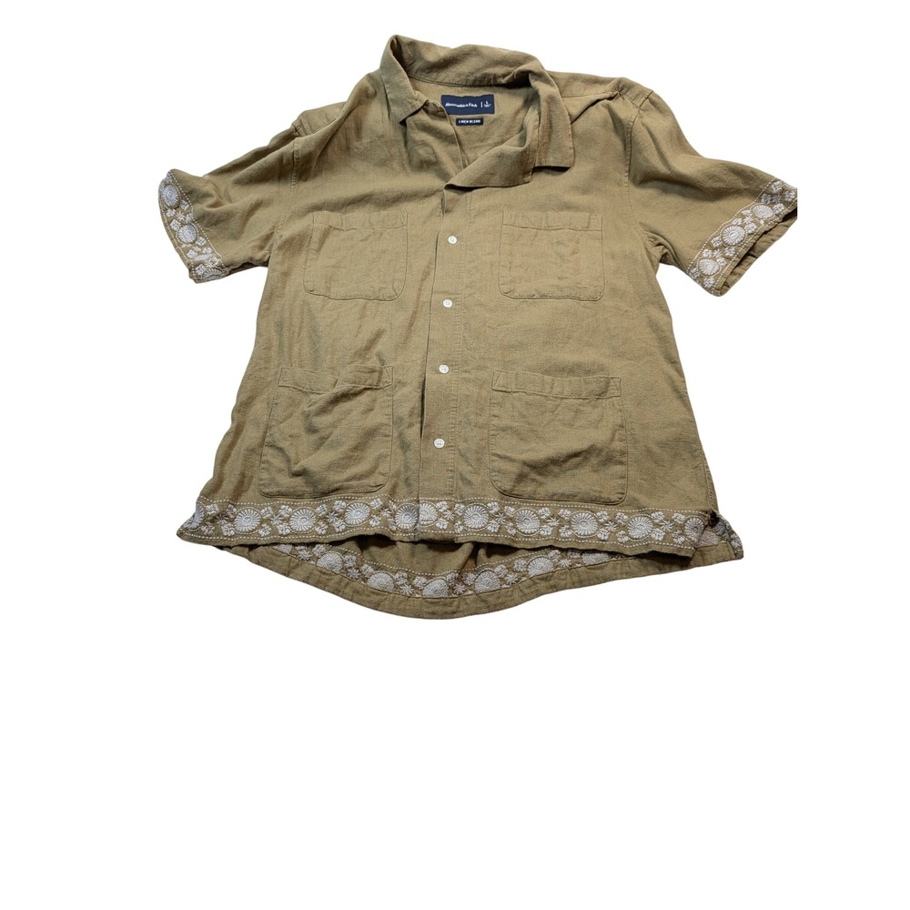 Abercrombie & Fitch Mens Embroidered Linen Blend Shirt L Olive Green